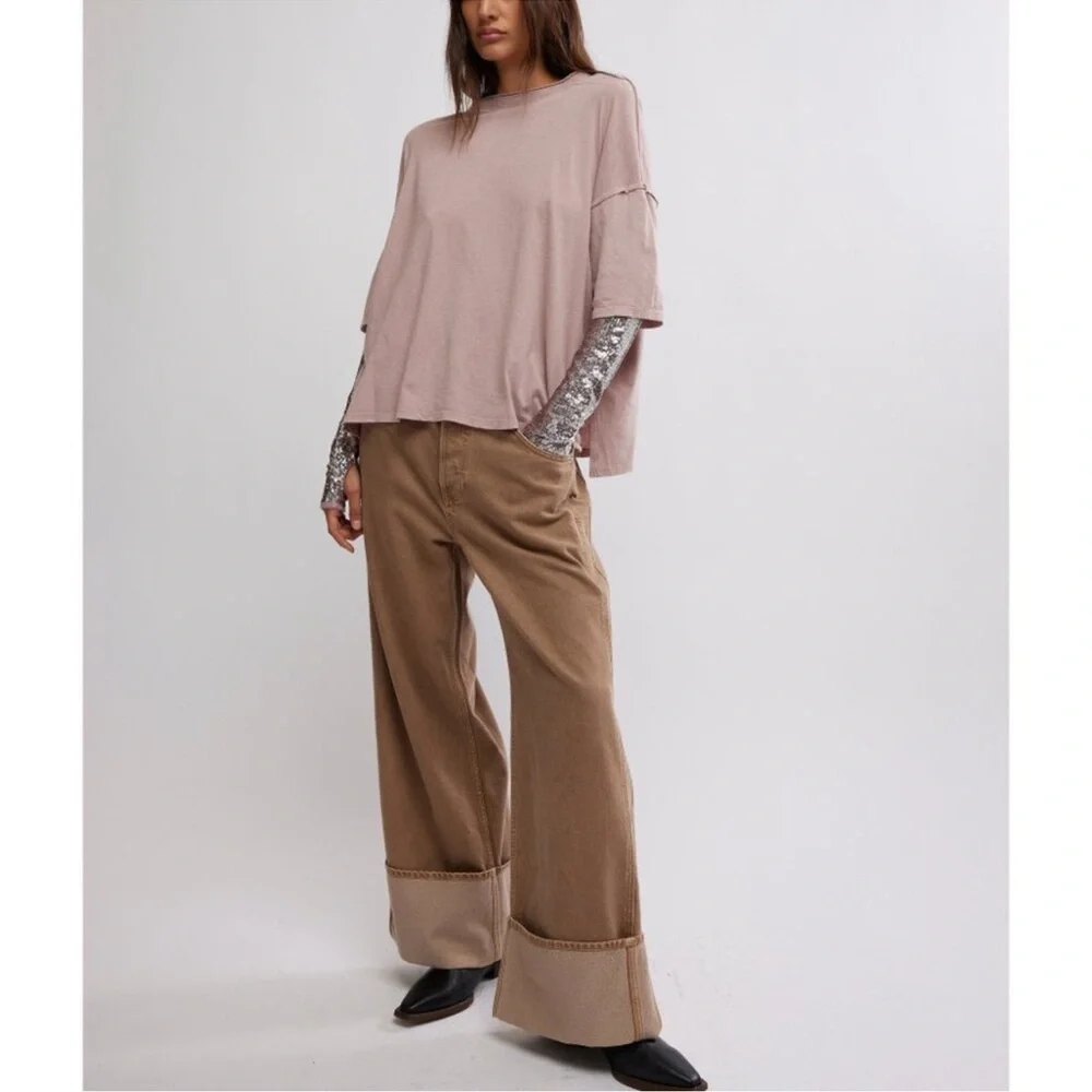 NWT FREE PEOPLE We The Free Mauve Nellie Sequin Twofer Top T Shirt SZ: S - Picture 2 of 9